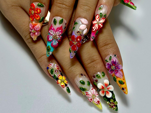 Tropical Garden Explosion Press On Nails | 3D Colorful Floral Nail Art | Rainbow Gradient Tips with Leaves & Gems | OB989EC