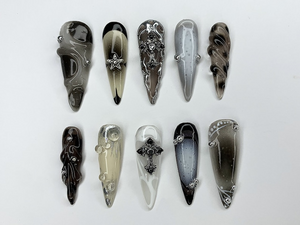 Cool Gothic Press On Nails | Luxury Black Silver Jeweled Nail charms | Luxurious Chrome and Holiday Nail Art |Long Stiletto Nail Set|OC451AH