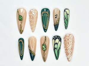 Emerald Butterfly Press On Nails | Nature Inspired Press Ons | Luxurious Green Nail Art | Shimmer Green Nail Set | Luxury Nails | OB758YC