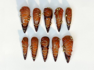 Amber Fall Press On Nails | Brown & Gold Ombre Nail Art | 3D Swirl Nails | Luxury Long Stiletto Nails | Elegant Glam Press Ons | OB174HC
