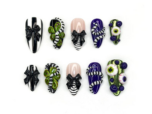 Monster Ribbon Press On Nails | Beetlejuice-Inspired Nail Art | Green & Purple 3D Eyes Design | Black Bow Striped Nails |OB1165BC