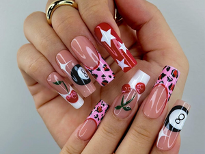 Retro Cherry Leopard Press On Nails | 8 Ball & Red Star Nail Art | Pink Leopard Print Nails | Handmade Pop Art Nail Set | OB115EC