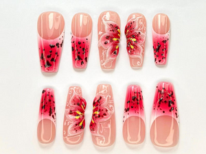 Hot Pink Bloom Press-On Nails | Spring Flower Press Ons | 3D Flowers Fake Nails| Perfect for Special Occasions | Summer Collection |OB768YC