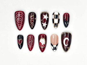Gothic Carnival Press On Nails | Red Black Swirl & Heart Nail Art | Checkerboard Gothic Nail Set | Handmade Cosplay Nails | OC1149BC