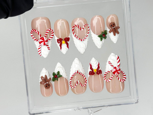 Winter Wonderland Press On Nails For Christmas | 3D Christmas Cookie Nail Art | Red White Holiday Nails | Gingerbread & Bow Press Ons | OB1197HC