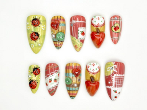 Ladybug, Strawberry Press On Nails | Vintage Strawberry Nail Art |3D Fruit & Plaid Design Nails |Summer Fruit Press Ons |Cute Nails |OB835YK