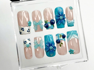 3D Blue Flower Press on Nails | Elegant Blue Floral Nail Art | Handmade Summer Nails | Gift for her | Summer Vibes | Beach nails | OB967DK