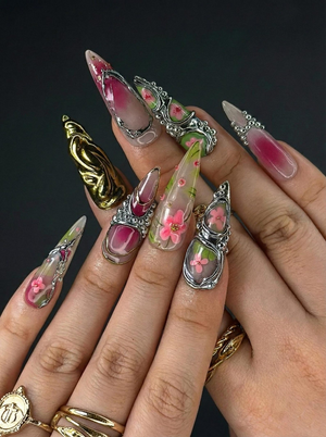 3D Luxury Floral Press On Nails | Flower Gold Chrome Nails | Handmade Statement Nail Art | Elegant Long Press Ons | OB997GK