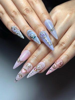 Pastel Cat Eye Press On Nails | Pink Purple Ombre Nails | Cute Heart Bow Nail Art | Elegant Gold Detail Nails| Fairycore Press Ons| OC1307HC