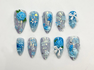 Iridescent Blue Garden Press On Nails | 3D Floral Glitter Nails | Elegant Blue Press On Nails | Handmade Romantic Bridal Set | OB774HC