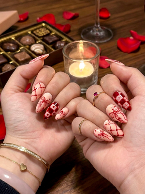 Sweetheart Bow Valentine Press On Nails | Heart Ribbon Romantic Nail Art | Red Gingham Love Nails | Cute Romantic Nail Set | OB274EC