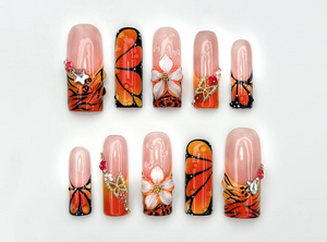 Sunset Flame Floral Press On Nails | Orange Butterfly Nails | 3D Flower & Star Charms Nail Art | Handmade Long Nail Set | OC961HK