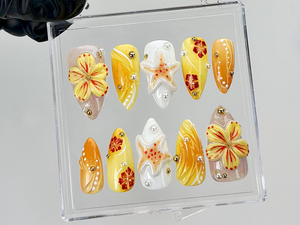 Tropical Summer Press On Nails | 3D Flower & Starfish Fake Nails | Beach Vibes Nail Art | Orange Yellow Floral Press Ons | Summer | OB881YK