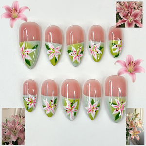 Soft Lily Floral Press On Nails for Spring | Pink Green Flower Nails | Lilies Nail Art | Botanical Press Ons | Romantic Spring Nail| OB294HC