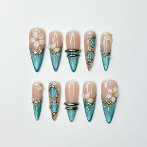 Teal Cat-Eye & 3D White Bloom Nails | Antique Gold Chrome Accents | Luxury Botanical Magnetic Stiletto Art | Elegant Nails | OB379IK