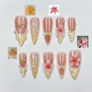 3D Pink Lily & Lemon French Nails | Summer Ocean Shell Press Ons | Luxury Tropical Botanical Stiletto Art | OB373IC