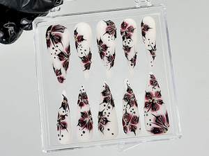 Black Red Flower Press On Nails |Gothic Floral Fantasy Nail Art |Handmade Dark Nails |OB888YC