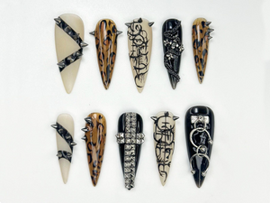 Gothic Punk Stiletto Press On Nails | Leopard Chrome Nail Art | Edgy Studded Nail Design | Alt Fashion Black Nails | OB827HC