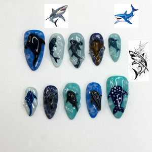 Handmade Shark Press On Nails | 3D Great White Shark Nails | Hammerhead Whale Shark | Shark Blue Sea Ocean Nails | Gift for Her OB410LK