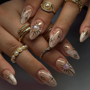 Luxury Nude Gold Almond Nails | Nude & Gold Celestial Nail Set | Handmade Chrome Swirl Nails | Elegant Cosmic Nails | OC792H