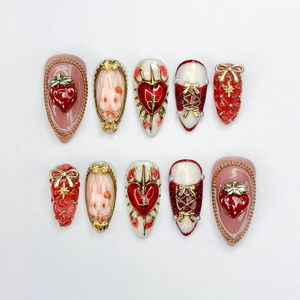 Gothic Strawberry Press On Nails | Red Heart Cross Nail Art | Luxury Handmade Press Ons | Statement Nails | OB995GC