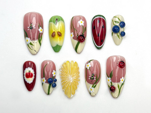 Garden Picnic Press On Nails | Fruit & Floral Summer Nail Art | 3D Ladybug And Lemon Nails | Handmade Berry Picnic Nail Tips | OC799HK