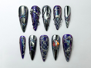 Metallic Dragon Scale Press-On Nails | Gothic Fantasy Inspired Set | Unique 3D Chrome Press-Ons | Cyberpunk And Gothic Nails | OB725HC