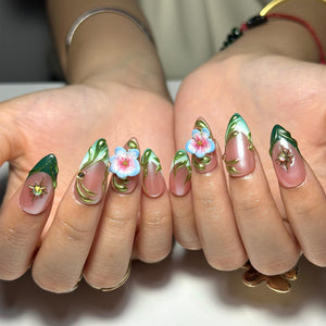 3D Floral Press On Nails | Green Leaf Pink Chrome Nails | Handmade Flower Nail Art | Elegant Spring Nails | Luxury Almond Nails | OC1308NC