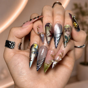 Fairycore Stiletto Press On Nails • Wedding Guest Prom Vibe • 3D Gold Chrome Vine • Butterfly Wing Cat Eye • Whimsigoth Art • OB1363DG