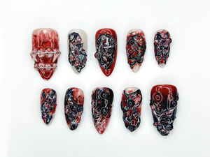 Gothic Blood Veil Press On Nails | 3D Dark Red & Black Texture Nail Art |Horror-Inspired Abstract Nails | Handmade Grunge Press Ons |OB988EC