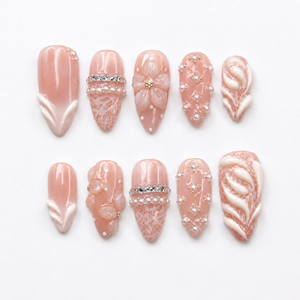 Pink Press On Nails Almond • Bridal Shower Gift Idea • Coquette Pearl Bow 3D Flower Lace Handmade Fake Nails Elegant Style| OB424LK