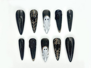 Midnight Phantom Press On Nails | Gothic Ghost Nail Art |Black Sparkle with 3D Ghost & Web Details | Handmade Long Coffin Press Ons |OC141EK
