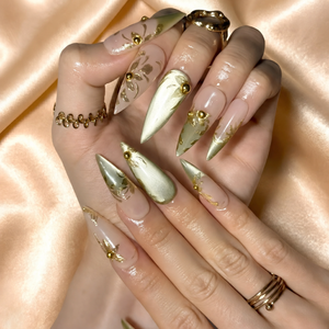 Gold Chrome Press On Nails | Sage Green Metallic Art | Elegant Nude Jelly Nails | Luxury Wedding Guest Prom | Bold Gala Statement | OB1358DG