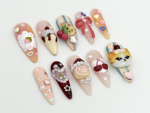 Kawaii Dessert Cat Press-On Nails | Handmade Cute Cat Nail Art | Cute 3D Kawaii Dessert Nail | 3D Handmade Nail | Elegant Nail Art | OB593HC