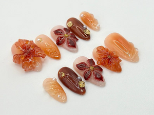 Autumn-Inspired Press On Nails | Warm Tones & Gold Accents | Handcrafted Fall Nail Art Set |3D Floral Nails | Fall Collection|OB544HC