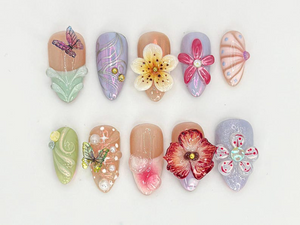 Spring 3D Floral Press On Nails | Handmade Butterflies Nail Art | Elegant & Soft Pastel Nail Design | Handmade Luxury Nails | OC684H