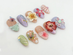 Spring 3D Floral Press On Nails | Handmade Butterflies Nail Art | Elegant & Soft Pastel Nail Design | Handmade Luxury Nails | OC684H
