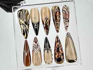 Black & Gold Marble Press On Nails | Leopard Print, Brown Fake Nails | Nature-Inspired Designs Nail Art | Edgy Gothic Nails | OB694YK