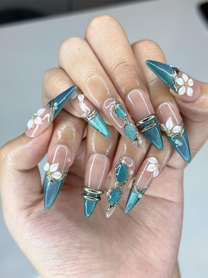 Teal Cat-Eye & 3D White Bloom Nails | Antique Gold Chrome Accents | Luxury Botanical Magnetic Stiletto Art | Elegant Nails | OB379IK