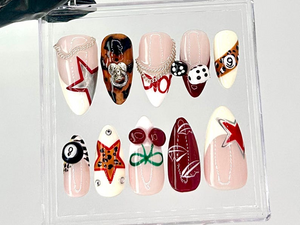 Leopard and Chain Accent Press On Nails | Gaming Themed Nail Art | Stylish Red Star Fake Nails | Leopard Print Accent Press Ons | OC726YC