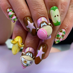 Camo Monkey Fun Press On Nails | Cartoon Camouflage Nails | Banana & Monkey Nail Design | Pink Green Star Press Ons | Funky Nails | OC963HC