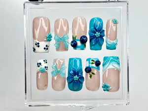 3D Blue Flower Press on Nails | Elegant Blue Floral Nail Art | Handmade Summer Nails | Gift for her | Summer Vibes | Beach nails | OB967DK