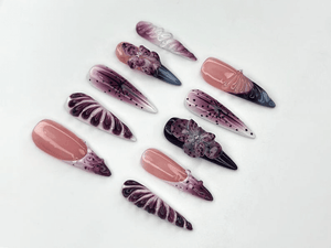 Elegant Purple Bloom Press On Nails | 3D Floral Ombre Nail Art | Nude Pink Handmade Nails | Luxury Artistic Long Set | OB1152BK
