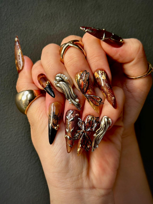 Autumn Butterfly Press On Nails | Luxury Handmade Brown Nails | Nature Inspired Stiletto Press Ons | Elegant Butterfly Design | OB168HC
