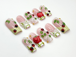 Handmade Picnic Theme Press On Nails | 3D Flower & Ladybug Nails | Cottagecore Nail Set | Pink Green Nature Nails | Handmade Nails | OB859H