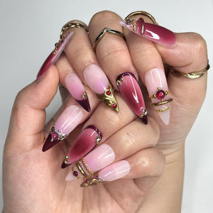3D Gold Luxury Wine Red Press On Nails | Jelly Burgundy Ombre | Y2K Metallic Chrome Art | Statement Wedding Party | OB1351DG