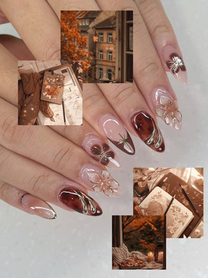 Autumn Tortoiseshell Blossom Press On Nails | Brown Nude Gradient Nail Art | 3D Floral & Metallic Accents | Elegant Long Nail Set | OB178EC