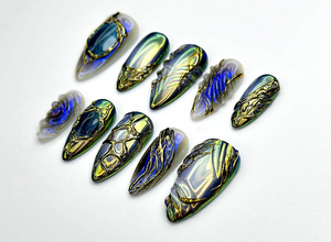 Midnight Armor Press On Nails | Metallic Dragon Scale Nail Art | 3D Fantasy Sculpture Nails | Gothic Iridescent Tips | OC939EK