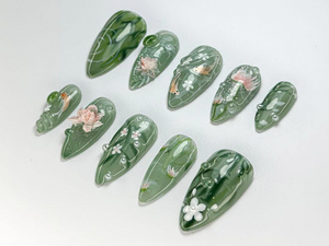 Green Forest Koi Press-On Nails | Handmade Koi Fish Nail Set | Green Floral & Marble Press-Ons | Glossy Press-On Nail Set | OB723HK
