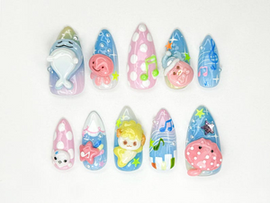Kawaii Summer Press On Nails | 3D Pastel Marine Animals | Kawaii Sea Nail Art | Cartoon Seal Whale Jellyfish Nails | Summer Nails | OB890HC
